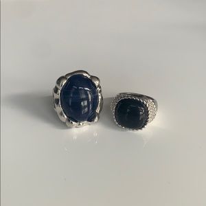 black ring and earring set and blue ring